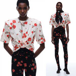 Magda Butrym Floral Crop Top in White and Red